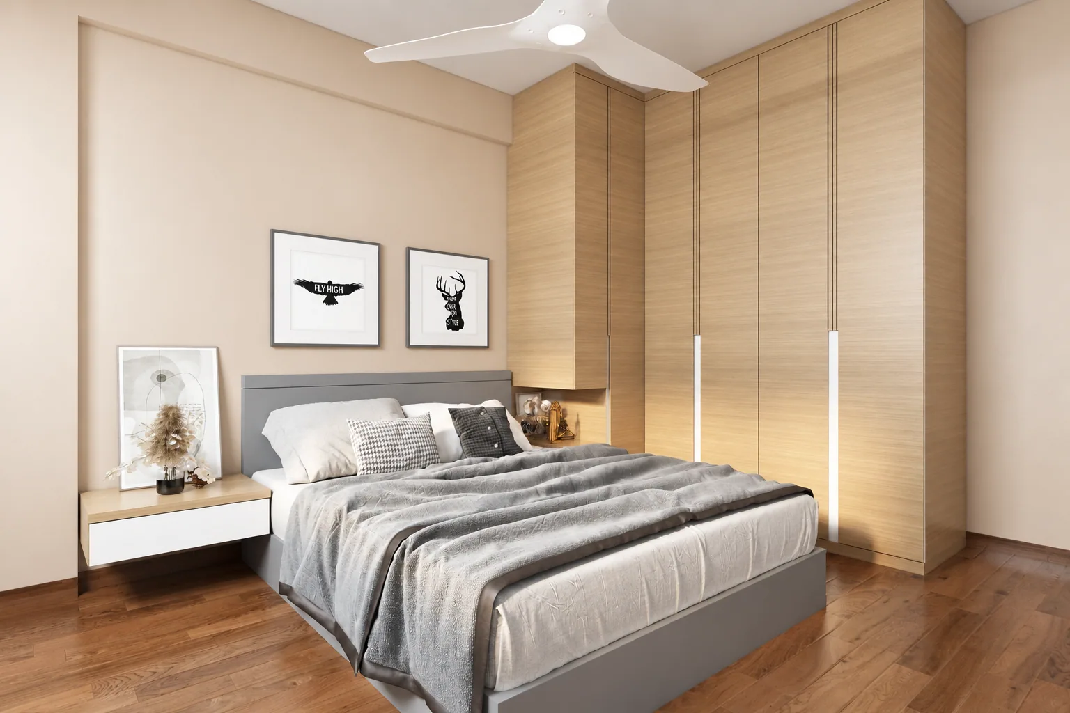 Jurong HDB bedroom design visualization with full-height wood-toned wardrobes