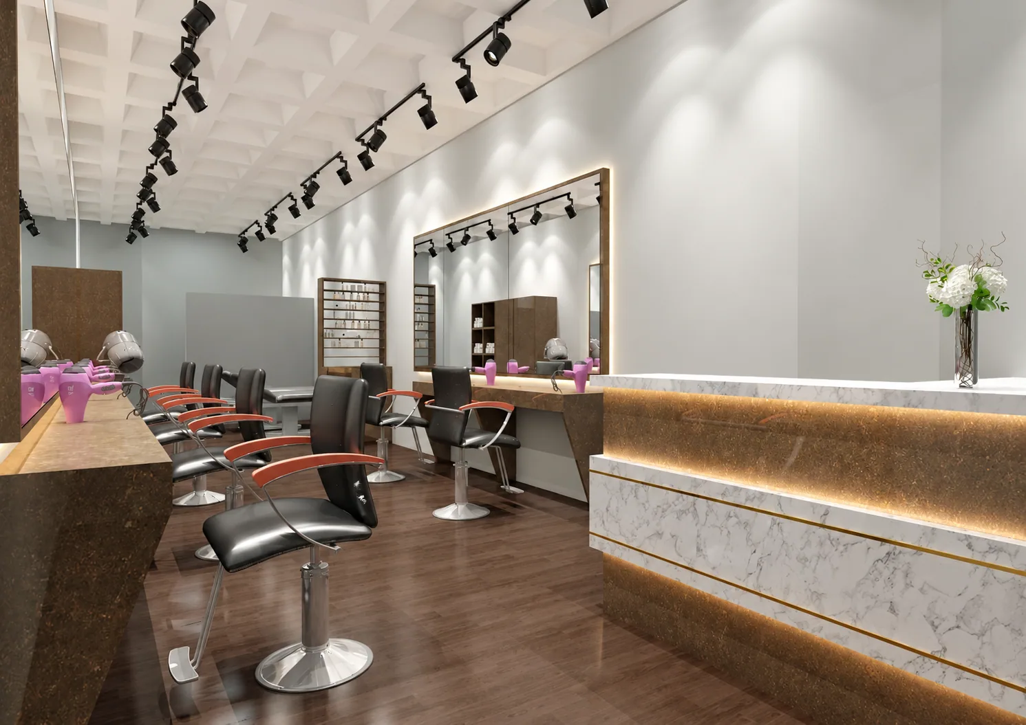 Design visualization of salon styling chairs, mirrors and a bronze-toned reception counter