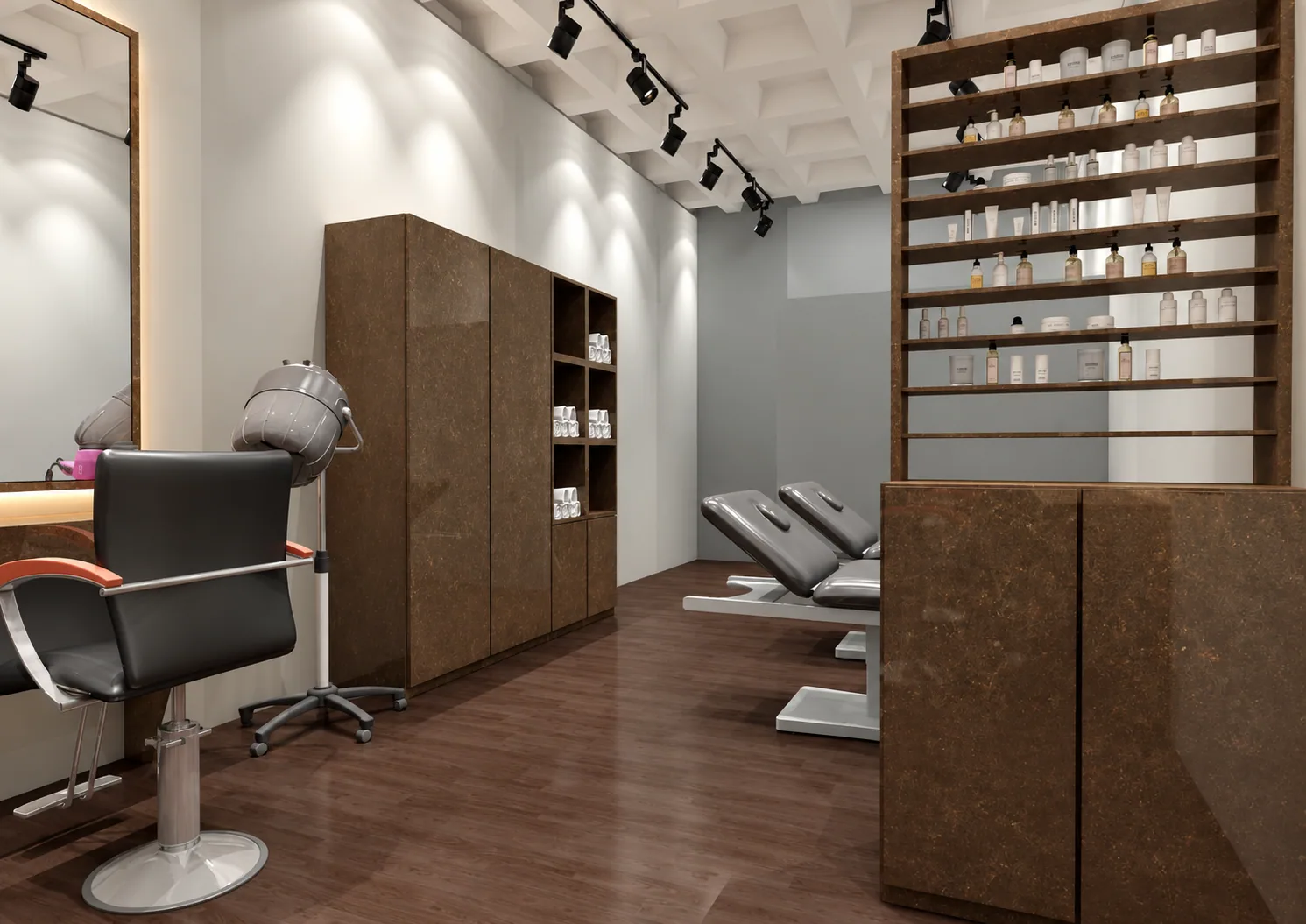 Design visualization of salon storage and reclining wash chairs