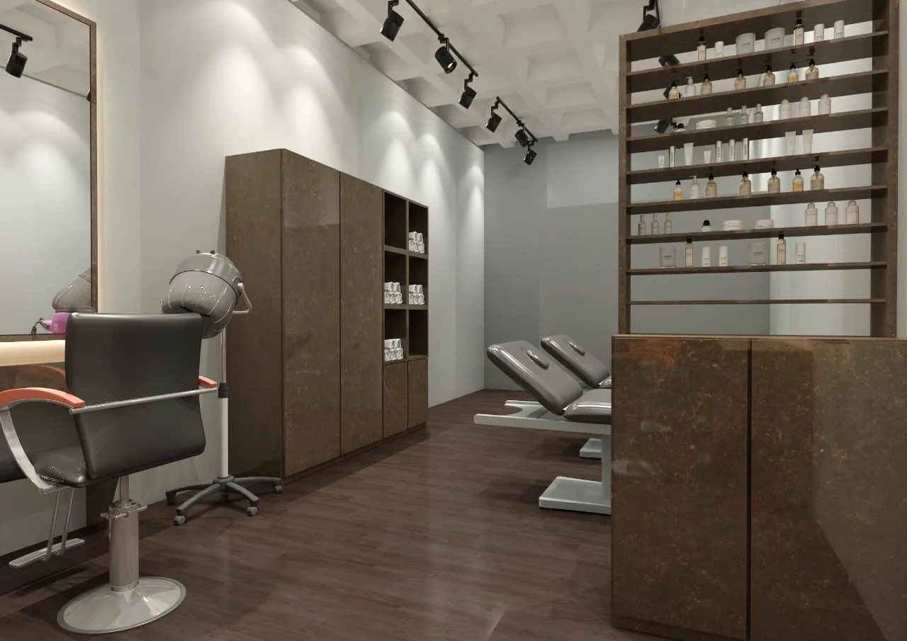 Salon interior with dark timber flooring, bronze-toned cabinetry and styling stations